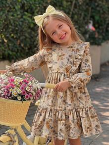 Emery Rose Kids Emery Rose Kids 女童格紋寬鬆可愛休閒燈芯絨法式洋裝，荷葉邊下擺、荷葉袖、長袖，秋冬格紋洋裝，夏秋款，非常適合休閒日常穿著與學校日常穿著，母女/姐妹套裝 - 彩色 - 查看 5