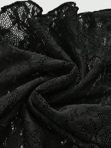 ROMWE Vintage Gothic Plus Size Lace High Neck Velvet Cinched Waist Ruched Slit Slimming Long Sleeve Mermaid Dress Elegant Party Dress - Black - View 4