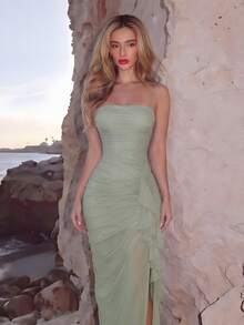 Turnttoni Vestito elegante e romantico estivo verde con volant e spacco, e vestito attillato da donna in pizzo adatto per San Valentino, cena romantica, verde salvia - Verde - Visualizzare 4