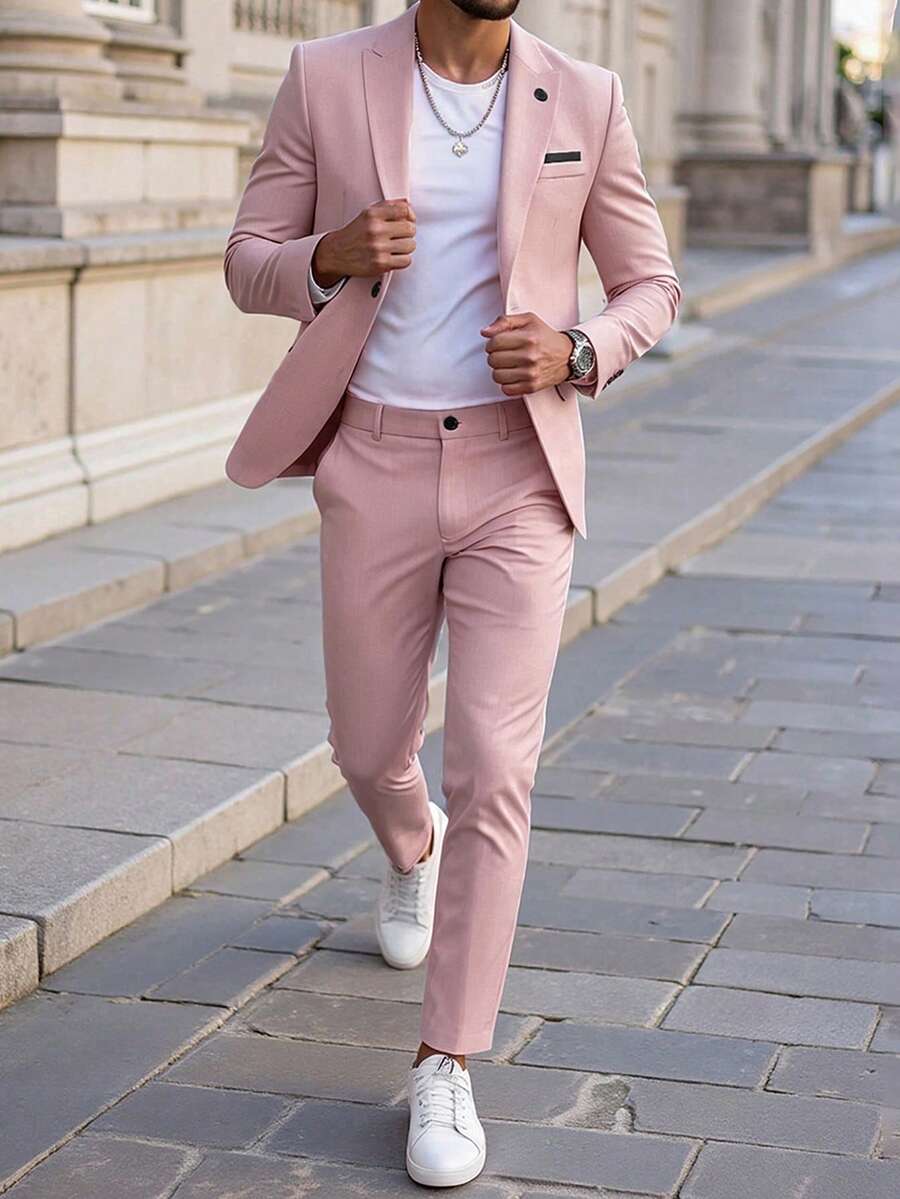Manfinity Mode Men's Notch Lapel Long Sleeve Jacket And Pants Casual Commute Suit Set - Baby Pink - View 1