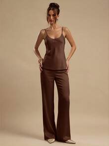 SHEIN BAE Summer Solid Coffee Brown Camisole Top Satin Long Pants Women's Two Pieces Set, Elegant Outfit, Vacation, Wedding Guest Attire Fall - Coffee Brown - View 4