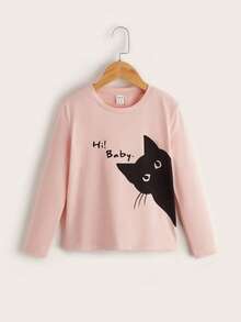 SHEIN Tween Girls Casual Slogan & Cat Print T-Shirt For Autumn - Baby Pink - View 5