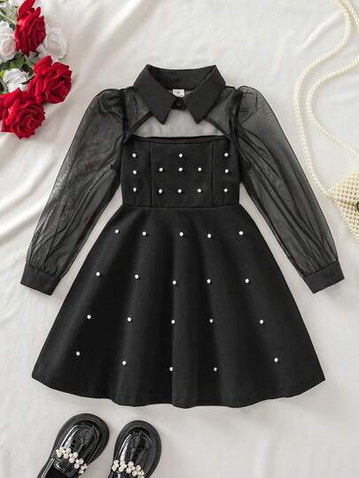 SHEIN Đầm bé gái trẻ trung phong cách thường ngày tối giản thoải mái, cổ bẻ, phối màu patchwork đắp vải, thiết kế cut-out rỗng