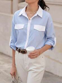 EMERY ROSE Plus Size Casual Commuter Striped Shirt Fall - Blue and White - View 3