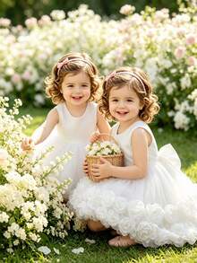 SHEIN Glamorique Kids 女嬰全白薄紗3D花朵洋裝 生日花童派對婚禮公主風 夏季穿搭 優雅可愛學院風 - 白色 - 查看 4