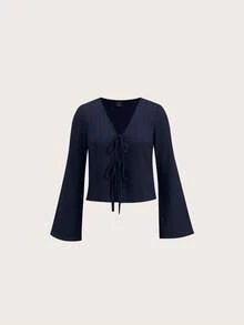 SHEIN LUNE 女款紋理百搭上衣，休閒純色V領喇叭袖前綁帶襯衫，前綁帶上衣，休閒風格 - 藏蓝色 - 查看 6