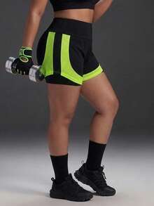 Powerista Women's Plus Size Black & Green Mesh Colorblock 2 In 1 Shorts - Black - View 5