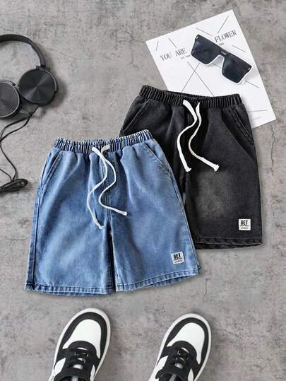 2pcs Teen Boy Fashion Casual Vintage Cool Street Blue And Black Denim Loose And Comfortable Short Jeans 2-Pieces Set , Daily-Wear And Spring To Summer Rave Festival And Streetwear Clothes
