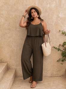 SHEIN Frenchy Plus Size Casual Vacation Textured Solid Color Jumpsuit - Grey - View 1
