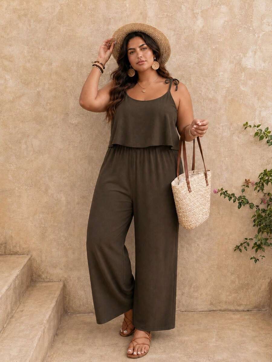 SHEIN Frenchy Plus Size Casual Vacation Textured Solid Color Jumpsuit - Grey - View 1