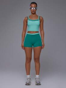 Musera Sport 雙層撞色直領拼接修身運動背心上衣，僅上衣，適合健身、運動、皮拉提斯、日常慢跑 - 水藍色 - 查看 5