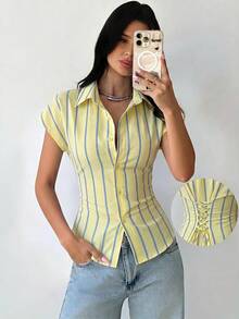 Firerie Women's Blue And Yellow Striped Cap Sleeve Blouse Side Ruched Back Tie Waist Top Teacher Commuter Business Cinched Design Casual Teachers' Day Summer - Light Yellow - View 1