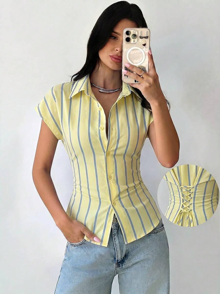 Firerie Women's Blue And Yellow Striped Cap Sleeve Blouse Side Ruched Back Tie Waist Top Teacher Commuter Business Cinched Design Casual Teachers' Day Summer - Light Yellow - View 1