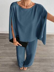 Siren Gaze 女款純色上衣與長褲休閒日常穿搭套裝 - 藍色 - 查看 6
