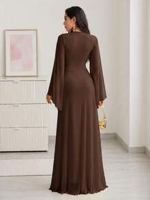 Solavon Asymmetric Hem Ruched Oblique Collar Elegant Mustard Yellow Flare Sleeve Dress Brown - Brown - View 2
