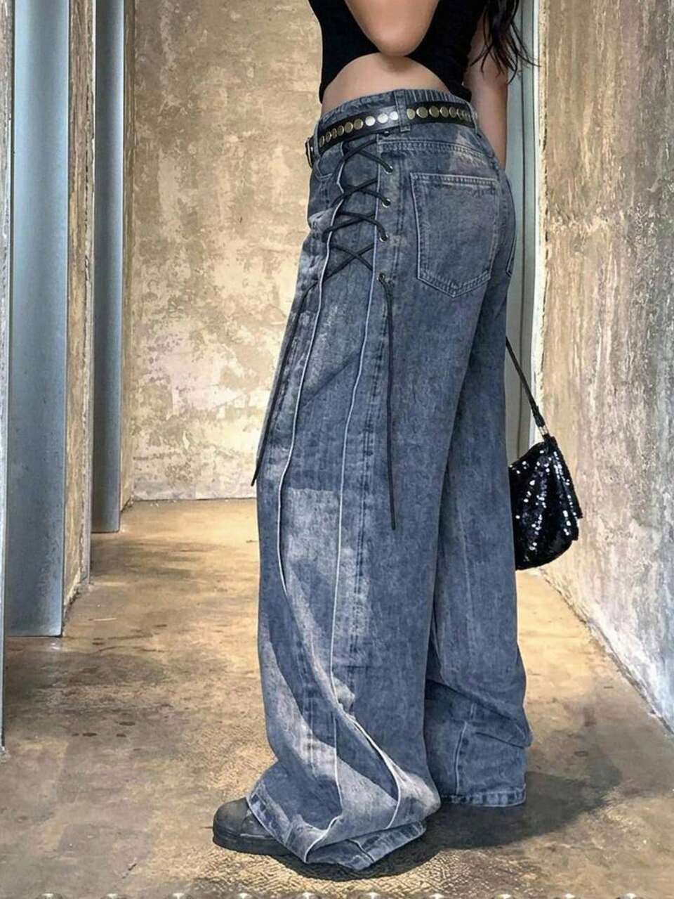 Dazy Plus Vintage Washed Denim Tie-Up Design Blogger Casual Slimming Loose Wide Leg Jeans Long Pants Spring Autumn Winter