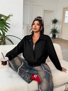 SHEIN EZwear 大尺碼女款素色拉鍊休閒百搭日常旅行長袖夾克 - 黑色 - 查看 4