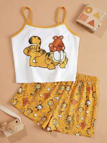 GARFIELD | SHEIN Conjunto de pijama de camiseta de tirantes con estampado de dibujos animados divertidos y pantalones cortos para niñas preadolescentes, verano - Amarillo - Ver 1