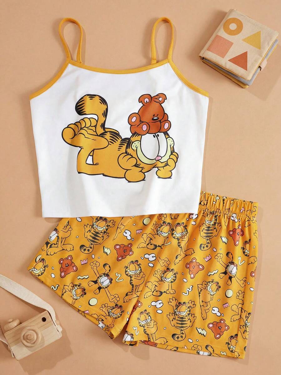 GARFIELD | SHEIN Conjunto de pijama de camiseta de tirantes con estampado de dibujos animados divertidos y pantalones cortos para niñas preadolescentes, verano - Amarillo - Ver 1