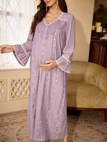 PalaceNights Royal Style Heavy Embroidery Fabric V-Neck Lace Trim Long Sleeve Loose Maternity Nightgown - Mauve Purple - View 3