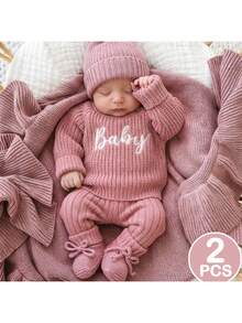 SHEIN 新生兒字母刺繡秋冬針織套裝，包含毛衣、內搭褲、蝴蝶結裝飾襪子與帽子 - 粉色 - 查看 6