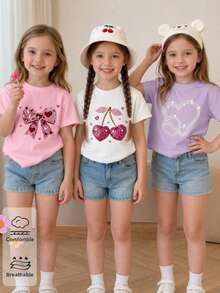 Set de 3 camisetas de niña con estampado de dibujo animado de capibara, de cuello redondo y manga corta para el verano - Rosa Pálido - Ver 3