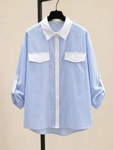 EMERY ROSE Plus Size Casual Commuter Striped Shirt Fall - Blue and White - View 1