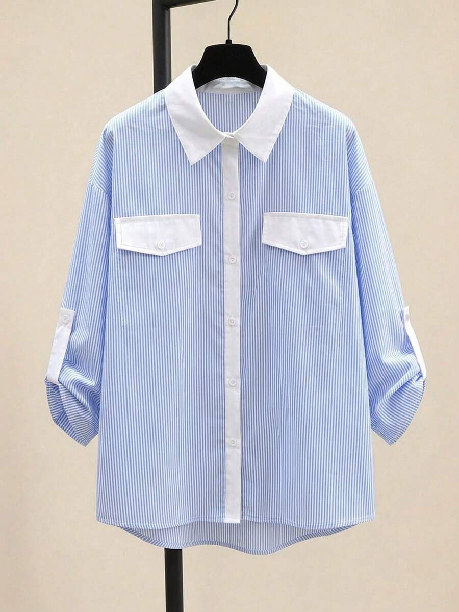 EMERY ROSE Plus Size Casual Commuter Striped Shirt Fall - Blue and White - View 1