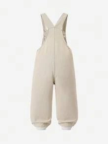 SHEIN Playful Pals 女童牛仔連身褲，四季休閒牛仔女郎西式百搭風格，復古淺藍色前口袋，蝴蝶結刺繡，寬鬆直筒夏季款 - 卡其色 - 查看 3