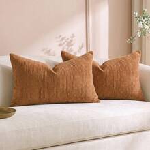 Cirelle 1 buah/2 buah Sarung Bantal Lempar Chenille Bertekstur Vertikal untuk Semua Musim, Sarung Bantal Persegi Bergaris Warna Solid, Dekorasi Minimalis Netral Gaya Rumah Pertanian Boho untuk Sofa, Kamar Tidur, Jendela Teluk, Homestay, Isian Bantal Tidak Termasuk - Jeruk - View 11