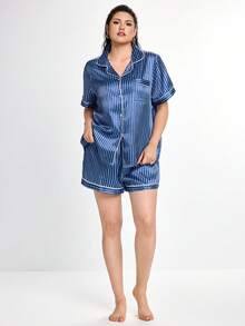 Slumbrini Set Pakaian Tidur Kardigan Berkerah Garis-Garis Sutra Imitasi, Ukuran Besar - Navy Blue - View 7