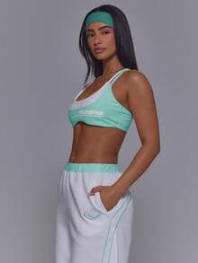 Musera Sport Strappy Double Layered Logo Scoop Neck Cross Back Sports Active Bra Coord Top Only Cute Vintage Y2K Gym Pilates Running Daily Vintage Active - Aqua Blue - View 3