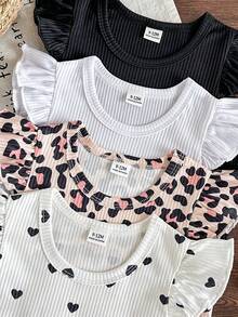 SHEIN 8件組 嬰兒女童 0-3歲 春夏新款 休閒日常外出可愛素色針織羅紋短袖T恤上衣與短褲套裝 - 彩色 - 查看 3
