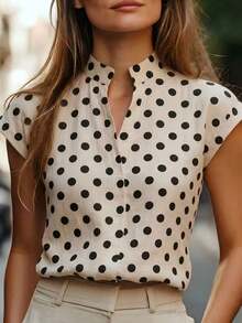 Linhara CURVE Plus Size Women's Vintage Polka Dot Print Stand Collar Sleeveless Loose Slimming Fashion Versatile Commute Daily Blouse - Multicolor - View 7