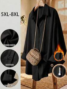 SHEIN CURVE+ 大尺碼秋季休閒傳統日常穿著襯衫，長袖寬鬆長版，2026冬季 22W - 黑色 - 查看 1