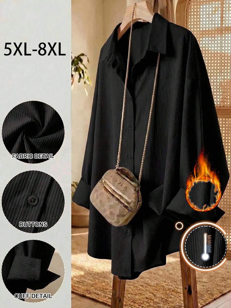 SHEIN CURVE+ 大尺碼秋季休閒傳統日常穿著襯衫,長袖寬鬆長版,2026冬季 22W - 黑色 - 查看 1