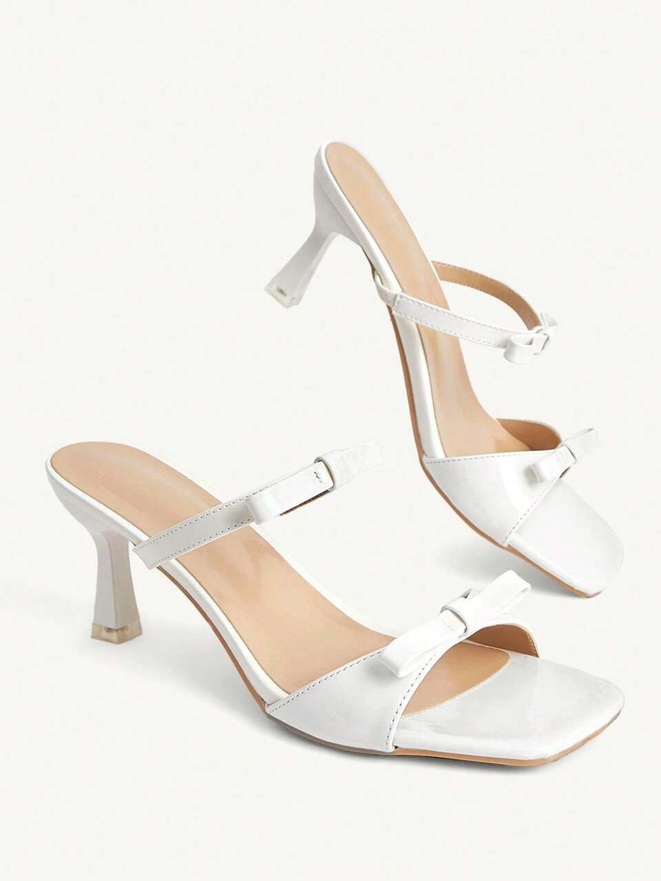 CUCCOO CHICEST White Square Toe Bow High-Heeled Sandals, French Thin Strap Transparent And Drag Women's Summer Wear
