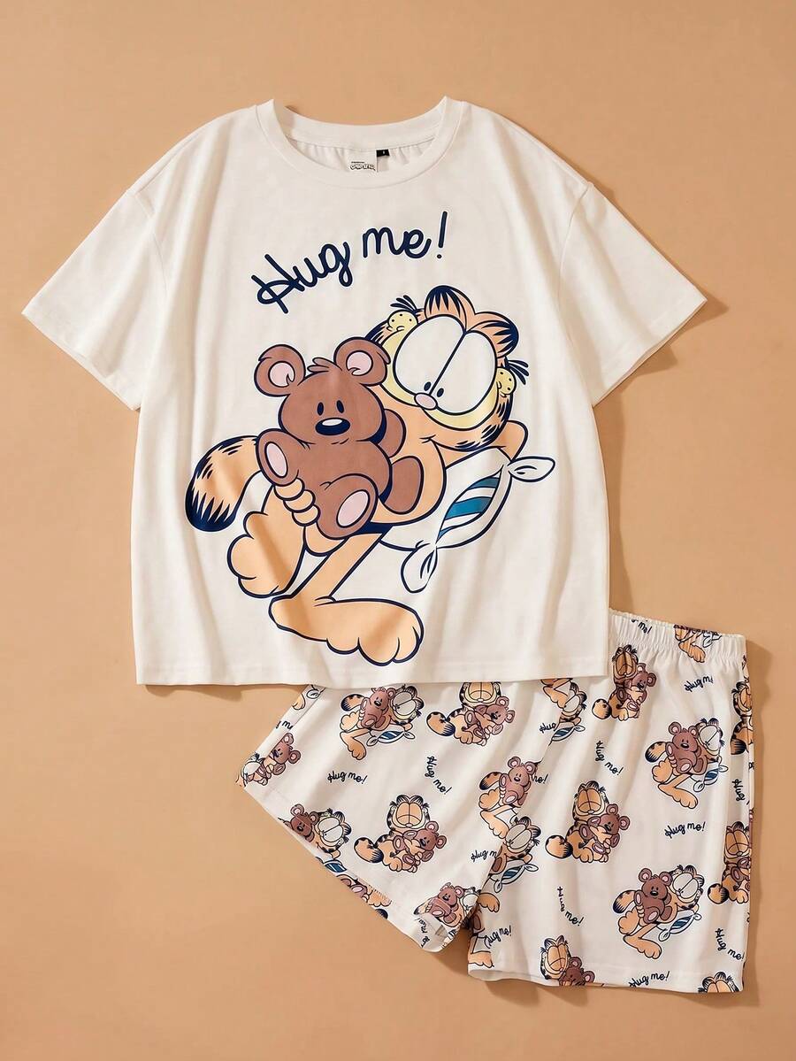 GARFIELD | SHEIN طقم بيجامة نسائية مكون من ملابس علوية كم قصير مطبوعة برسوم كرتونية وشورت - أبيض - مشاهدة 1
