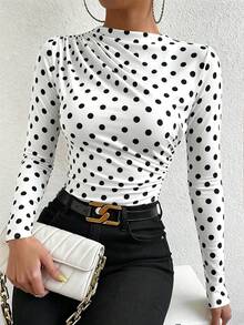 SHEIN PETITE Black Pleated Long Sleeve Women's Top - Black and White - View 1