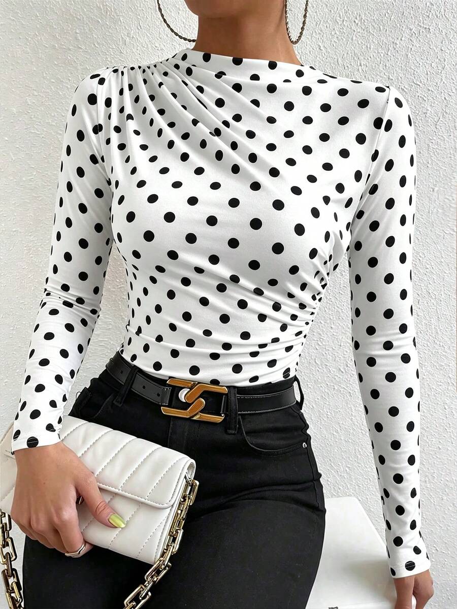 SHEIN PETITE Black Pleated Long Sleeve Women's Top - Black and White - View 1