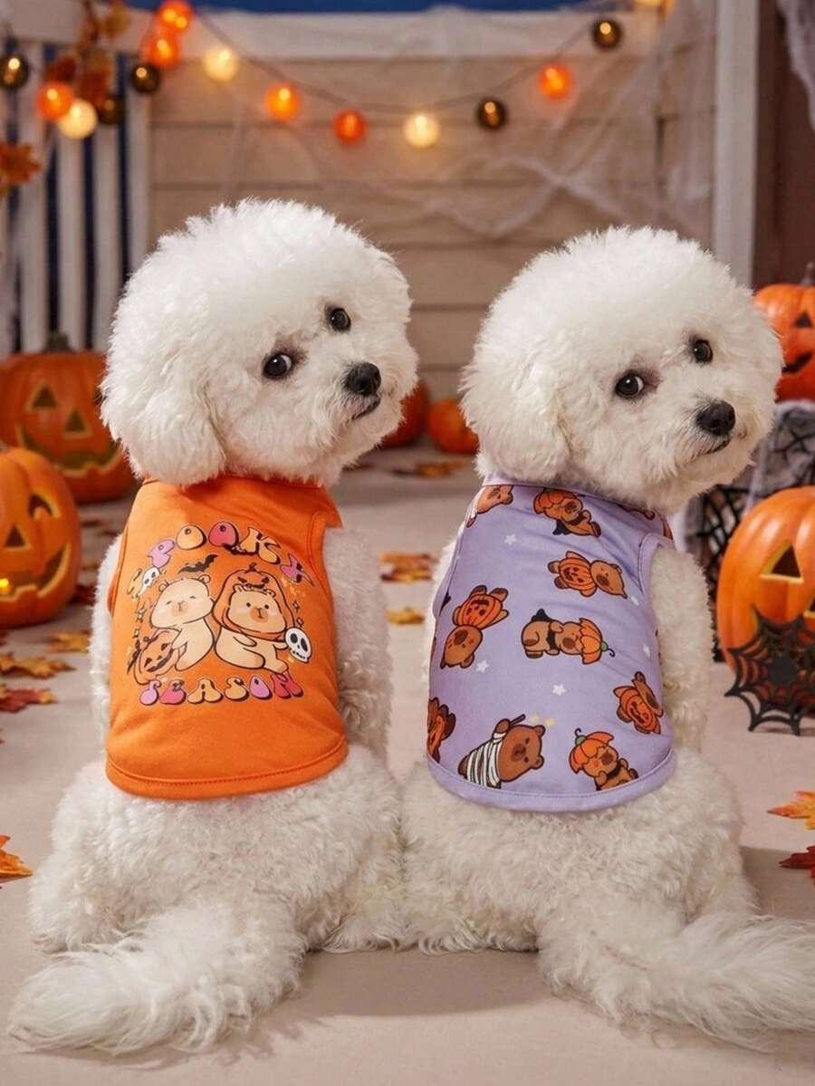 2pcs Pet Cat Dog Universal Halloween Purple Orange Pumpkin Guinea Pig Cartoon Pattern Print Fashionable Breathable Comfortable Dog Vest, PETSIN Original Design - Multicolor - View 1