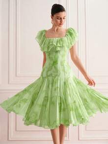 Zanirela Summer Yellow Colorblock Tie-Dye Floral Random Print Chiffon Off Shoulder Dress, Layered Ruffle Design, 3D Cut Multi-Layer Inset Craftsmanship, Romantic Elegant Style, Suitable For Summer Parties, Beach Vacation And Wedding Bridesmaid, Waist-Cinching Slim Fit, Lightweight Pleated Chiffon Fabric, Layered Ruffle Skirt For Summer Vacation, Date And Picnic - Green - View 2