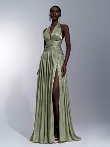 Elitara Elegant Princess Romantic Fashion Shiny Organza Fabric Ruched Decor Halter Neck Large A-Line Skirt Prom Ball Dress Sexy Slit Wedding Sage Green Winter - Green - View 6