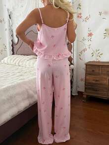 CottageSlumber Pink & White Striped Heart Print Pajama Set, Delicate Bow Decor Ruffle Strap 2 Pieces Set - Pink - View 2