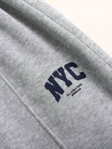 SHEIN Tween女孩秋冬休閒保暖內裡加厚衛衣套裝，紐約市印花，寬鬆圓領，落肩長袖連帽，搭配印花牙籤壓褶寬腿直筒運動褲，2件式運動衛衣套裝，麻灰色 - 灰色 - 查看 7