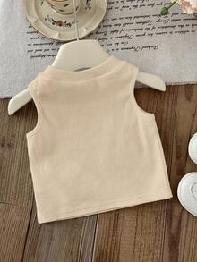 SHEIN Baby Girl Knit Solid Color Round Neck Fitted Casual Tank Top - 杏色 - 查看 2