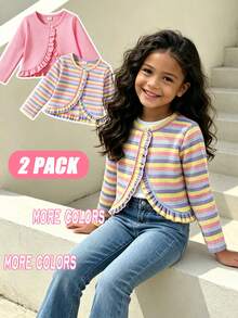 SHEIN Elladie kids 2件組幼女設計荷葉邊開襟短夾克，針織羅紋布料，粉色純色 + 彩色條紋圓領長袖短夾克，柔軟舒適，適合幼女，可愛甜美風格，完美適用於日常穿著、上學、外出、度假、派對、節日、春秋季節 - 彩色 - 查看 6