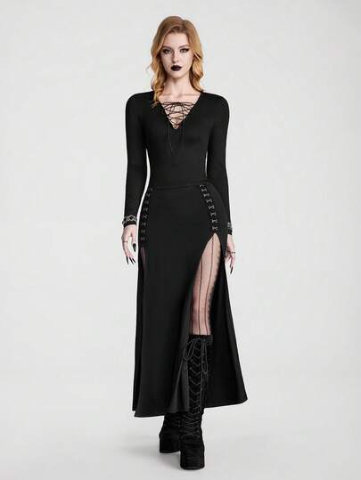 Breakform Halloween Gothic Sexy Dark-Style Black Lace Slit Skirt – Slimming & Cool-Girl Vibe