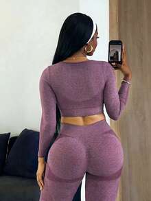 Slaydiva Women's Plus Size Solid Color Long Sleeve T-Shirt And High Waist Leggings Sports Set Fall - Burgundy - View 2