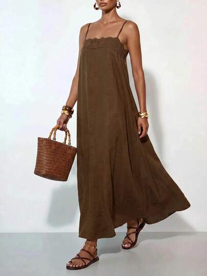 Zivah Summer Casual Vacation Coffee Brown Linen Fabric Lace Trim A-Line Camisole Women Long Dress Beach Music Festivals Travel Party Boho Nomadic Business